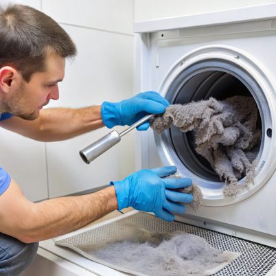 Person Cleaning Dryer Vent with Tools and Lint Removal